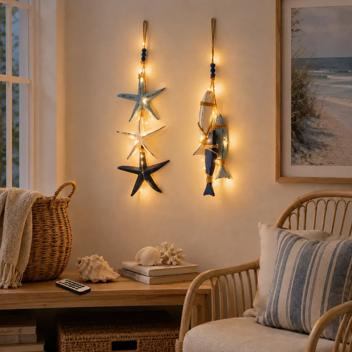 ⭐🐟🌊Lighted Coastal Wooden Starfish & Fish Hanging Decor