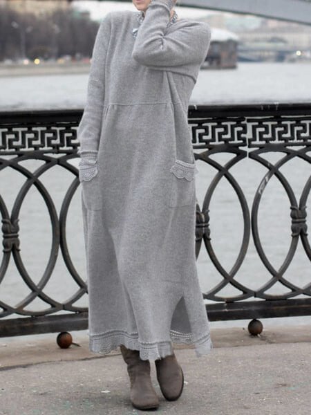 round neck pullover lace loose knitted long dress