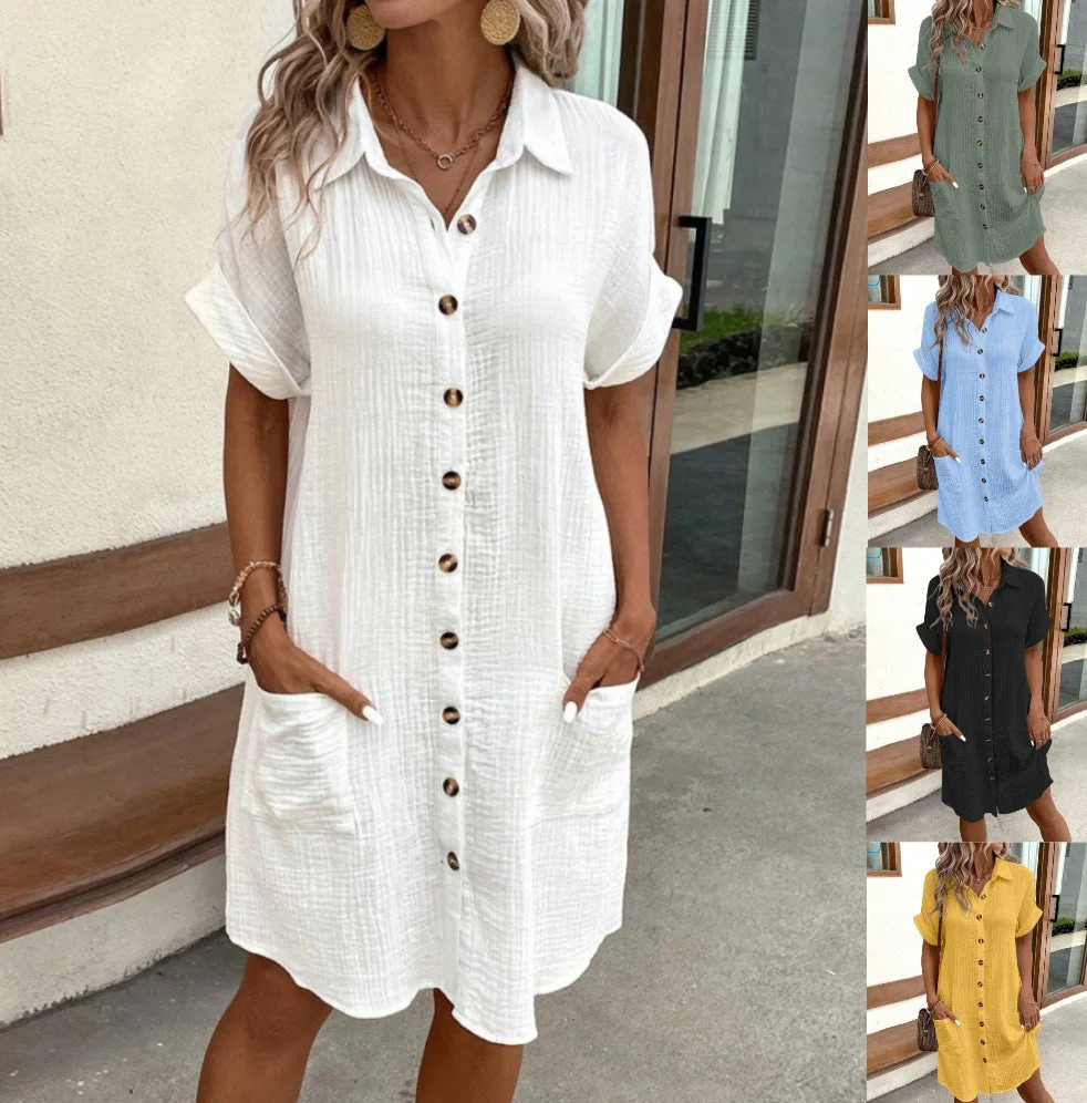 ⏰Women's Buttoned Short Sleeve Pocket Casual Shirt Dress