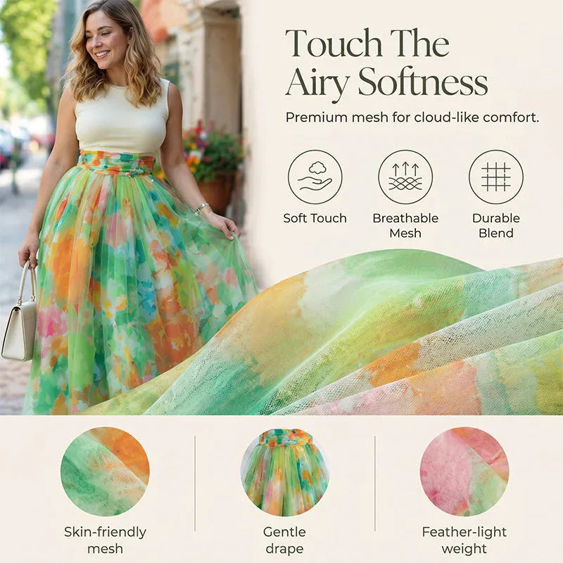 Women's Watercolor Floral Print Tulle Midi Skirt