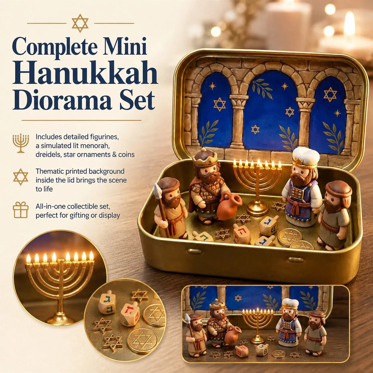 🔥HOT SALE🔥Council by Candlelight - A Miniature Hanukkah Menorah Diorama in a Golden Keepsake Tin