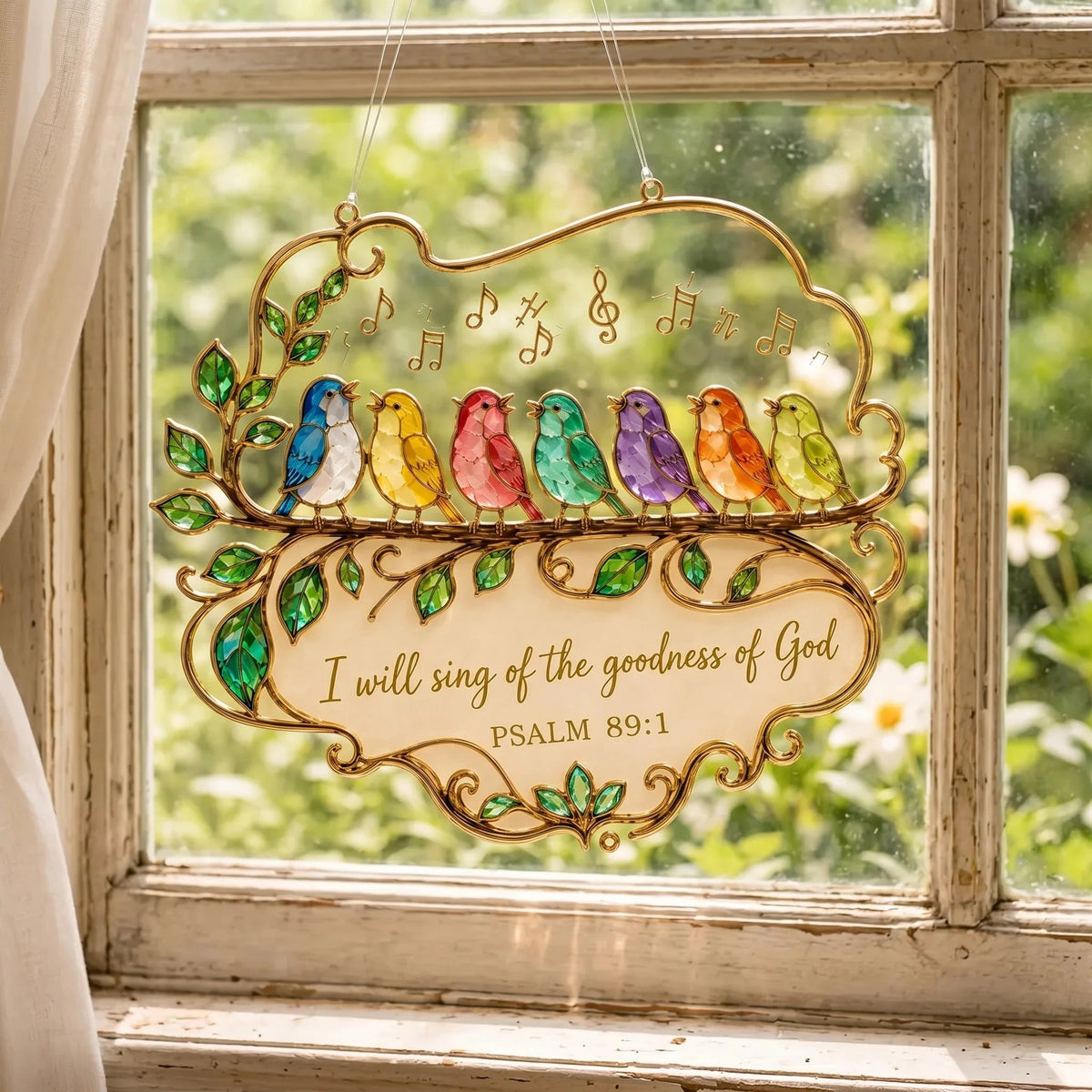 🎉🎵 Psalm 89:1 Songbird Window Suncatcher | Faith Decor with Colorful Birds & Scripture