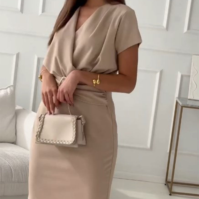 ❤️V-Neck Short Sleeve Short Dress with Cinched Waist