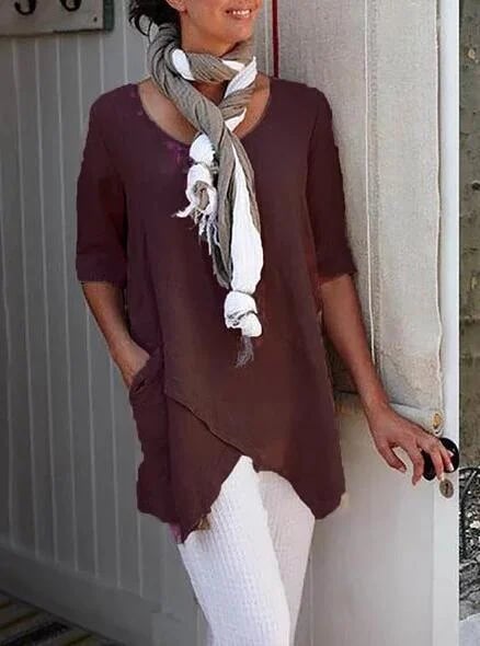 spring fashion solid color cotton linen pocket Tops
