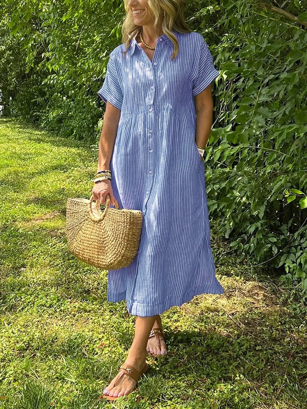 🔥 Striped Lapel Button Down Shirt Dress | With Functional Pockets