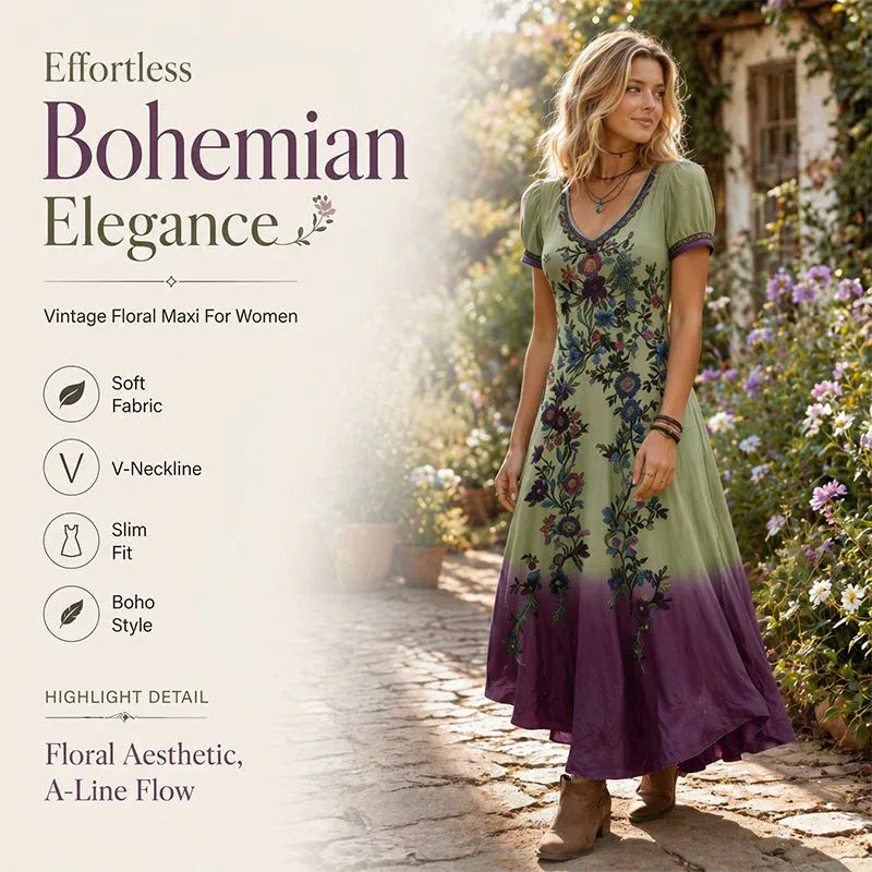 Women's Vintage V-Neck Floral Maxi Dress
