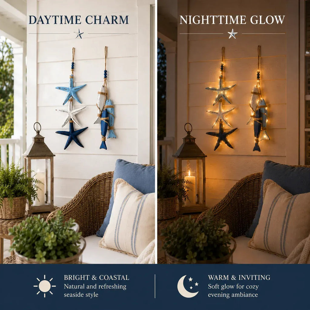 ⭐🐟🌊Lighted Coastal Wooden Starfish & Fish Hanging Decor