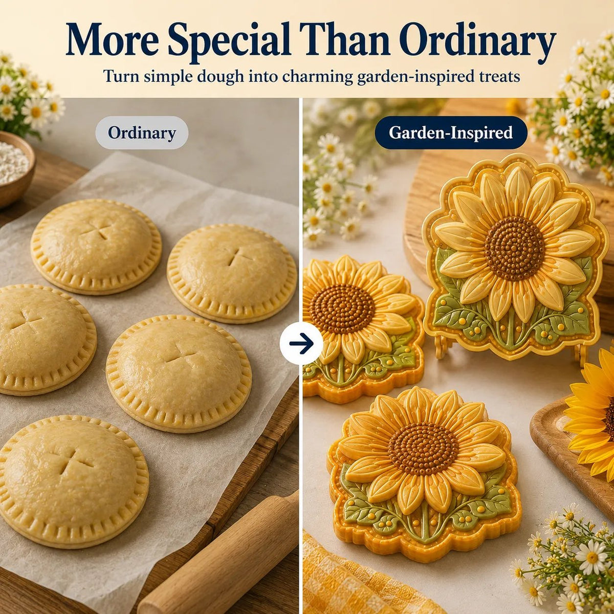 ⏳🌸 8-Design Spring Garden Mini Pie Mold Collection | Reusable Embossed Molds for Shaping Detailed Bee, Butterfly, Ladybug, Sunflower, Cottage & More