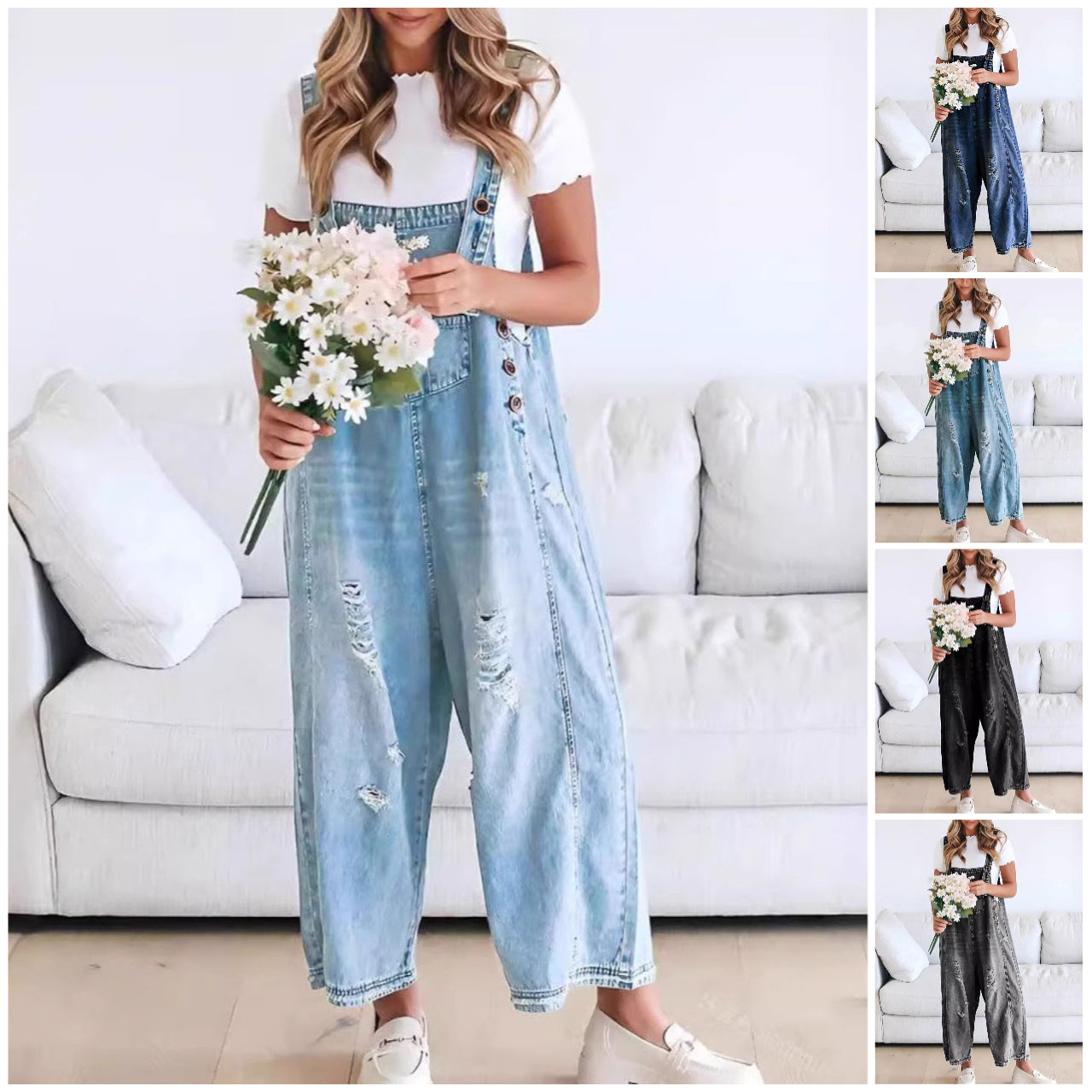 💓Women's Cute Casual Button Jumpsuit Ripped Denim Overalls