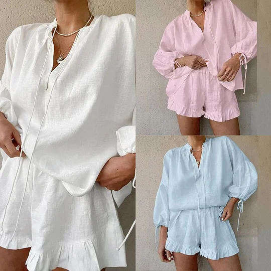 Women Solid Color Long Sleeve Tie-Up V-Neck Shirts Tops Elastic Waist Shorts 2 Pieces Clothes Set