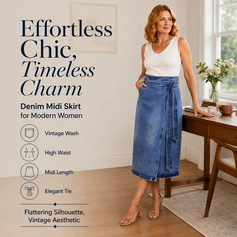 ✨Fresh Drop - Vintage Denim Wrap Skirt – Adjustable Side-Tie Closure & Versatile Midi Length for Day-to-Night