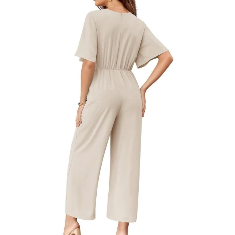 ✈️Women's Elegant V-Neck Wide Leg Waist Tie Jumpsuit