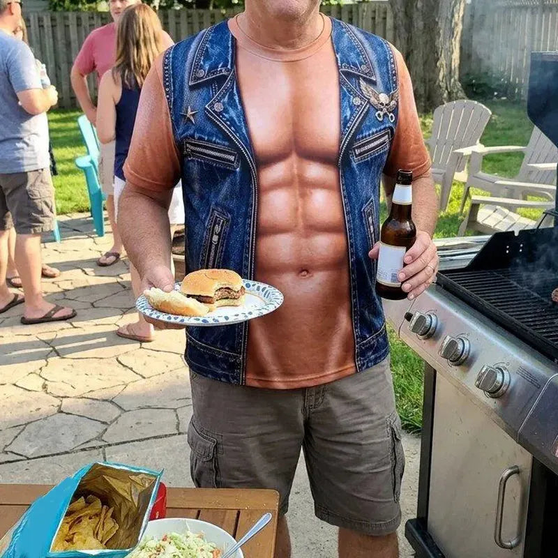❄️✨Grappig Heren T-shirt met Nep-Spierprint – Opvallend Party Shirt voor BBQ, Motorrit, Feestjes & Cadeau