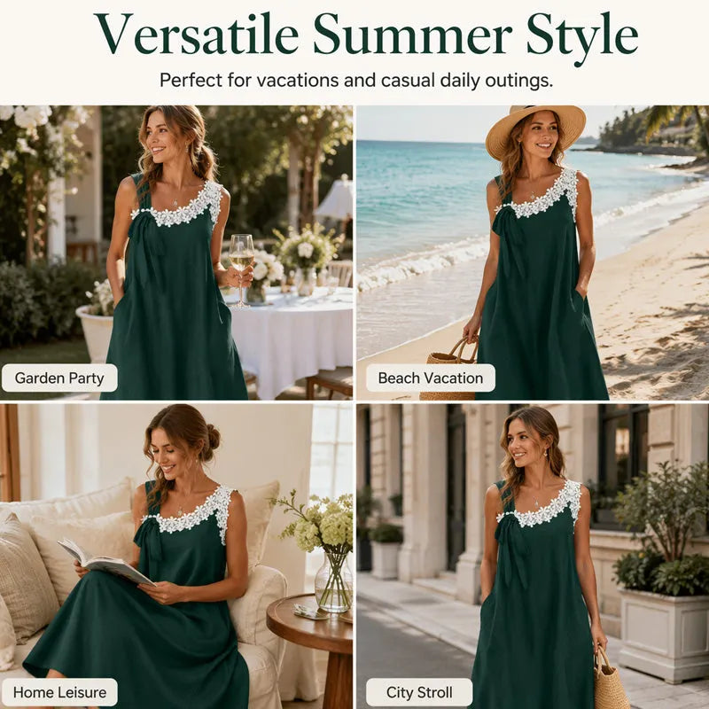 Summer Favorite☀️🌺 Elegant Lace Dress with Shoulder Bow Detail – Must-Have for Effortless Summer Style