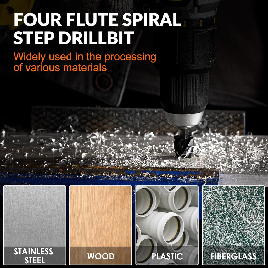 Four Spiral Flute Step Drill Bit Set - 5 Pcs Unibit HSS Step Drill Bits