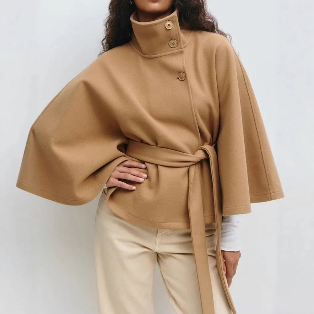 💥Women's Plain Front Buckle Belted Woolen Cape Coat