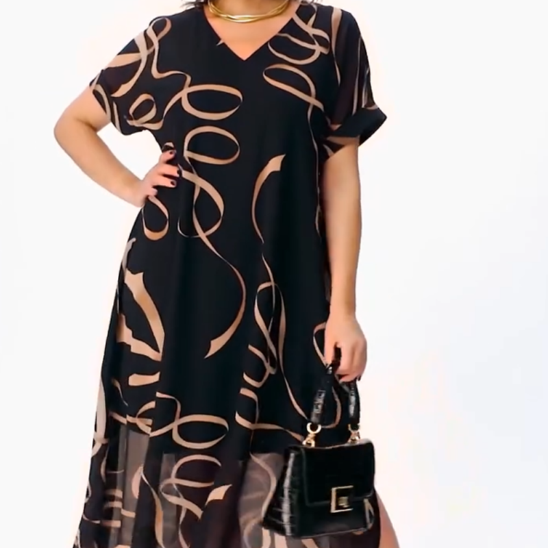 ❄️👗Elegante Vloeiende V-Hals Midi-Jurk – Luchtige Zwarte Jurk met Lintprint, Zijsplit en Comfortabele Pasvorm S-5XL