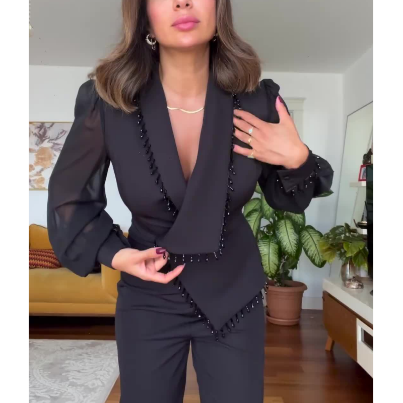 Elegant Black Beaded Wide-Leg Jumpsuit