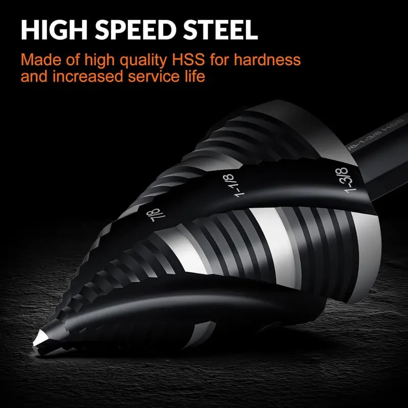 Four Spiral Flute Step Drill Bit Set - 5 Pcs Unibit HSS Step Drill Bits