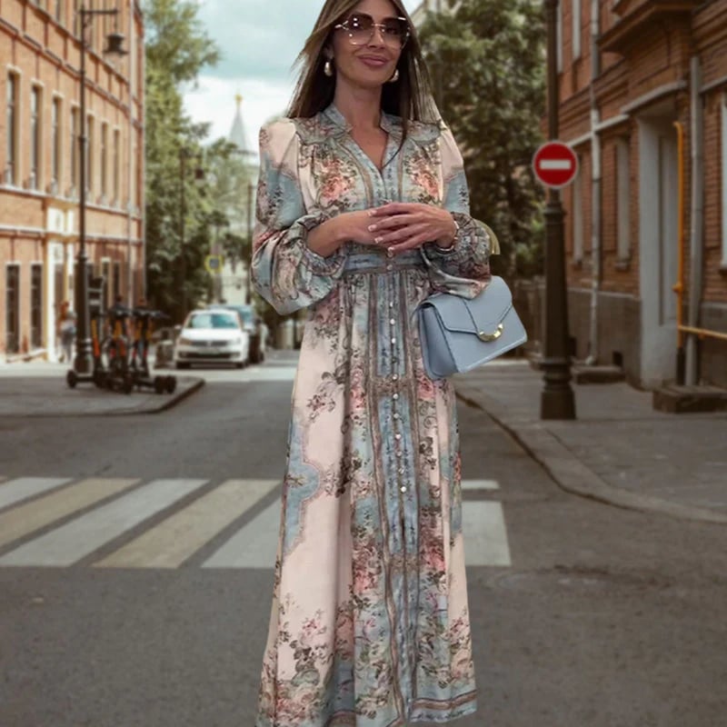 💗Elegant V-Neck High Waist Buttoned Floral Dress