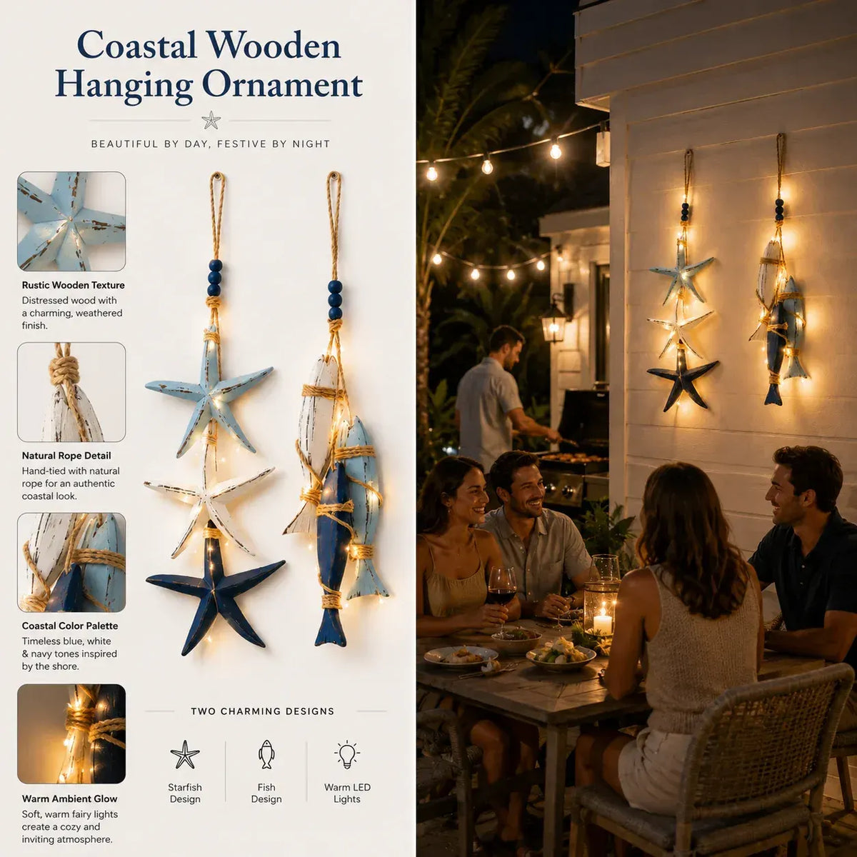⭐🐟🌊Lighted Coastal Wooden Starfish & Fish Hanging Decor