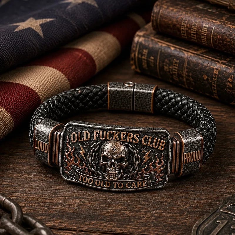 🔥💀Old Fuckers Club Men's Vintage Skull Flame Biker Braided Bracelet Gift Set