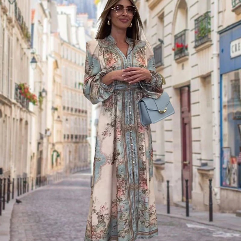 💗Elegant V-Neck High Waist Buttoned Floral Dress