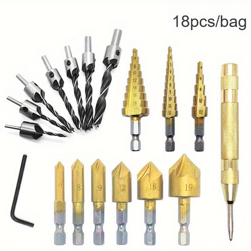 18pcs Drill Bit Collection/Pagoda Drill/Center Punch/Three-Point Woodworking Drill/Five-Blade Chamfering Tool/Wood Plug Drill