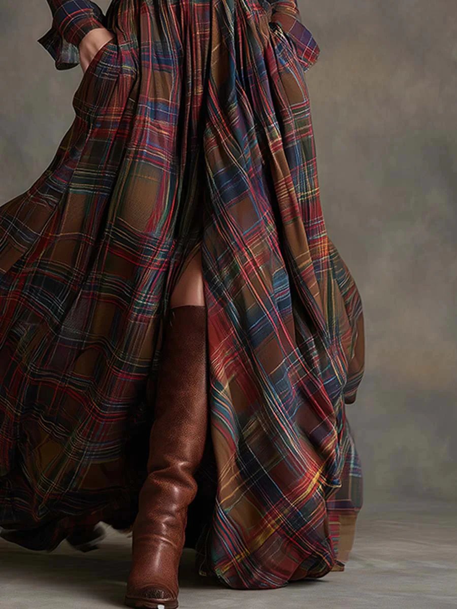 Retro lapel reddish brown plaid maxi dress