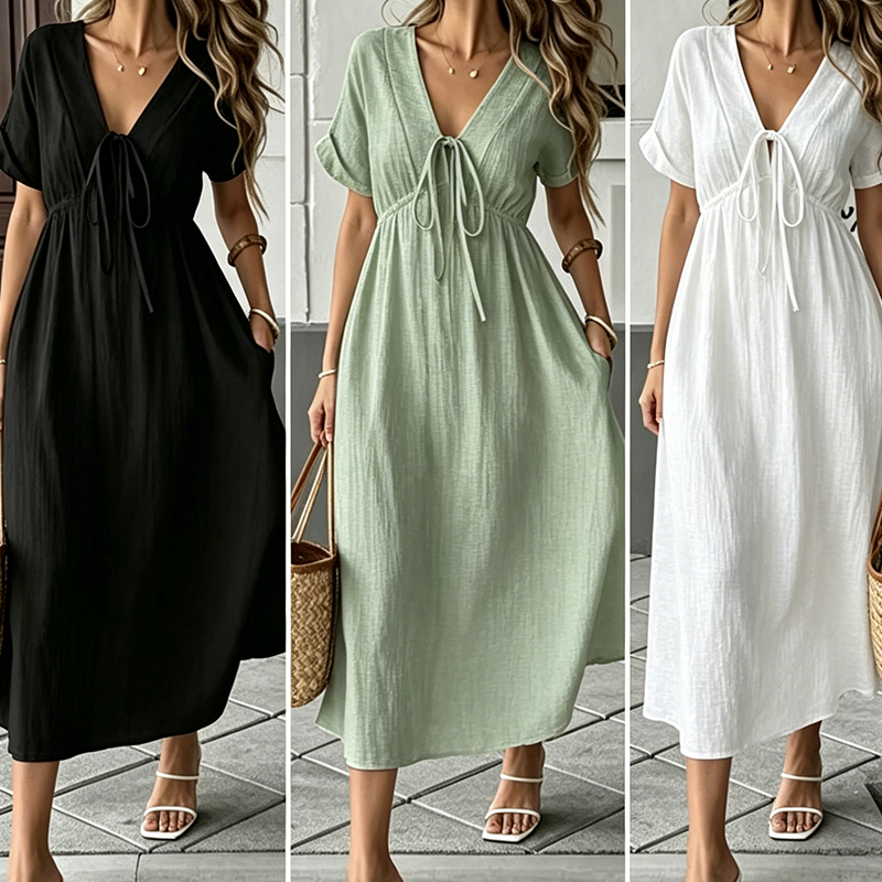 📢📢⏰Women's Summer V-Neck Tie-Front Midi Dress
