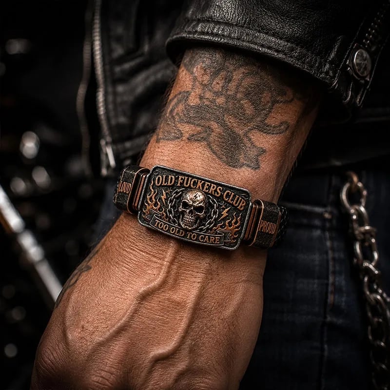 🔥💀Old Fuckers Club Men's Vintage Skull Flame Biker Braided Bracelet Gift Set