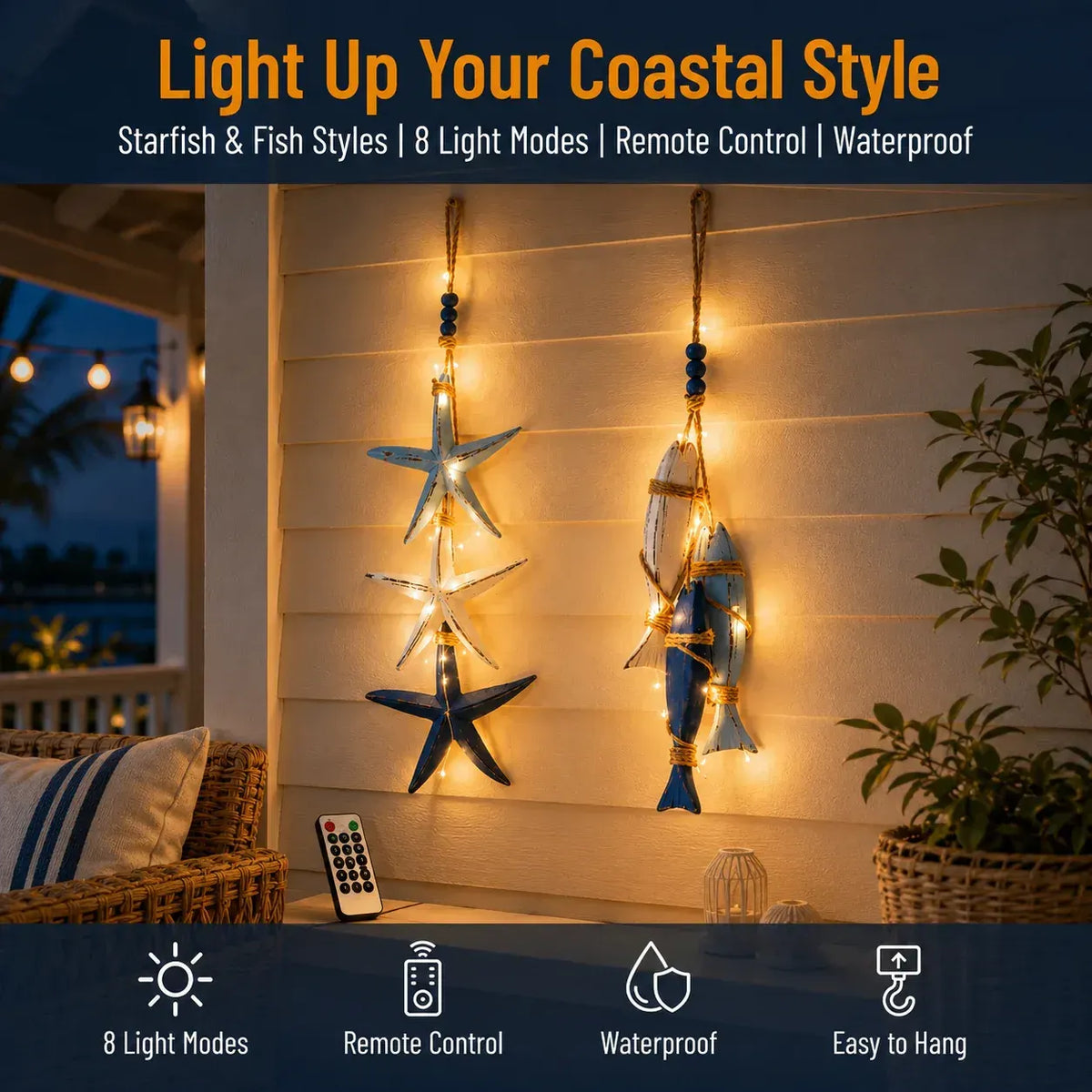 ⭐🐟🌊Lighted Coastal Wooden Starfish & Fish Hanging Decor