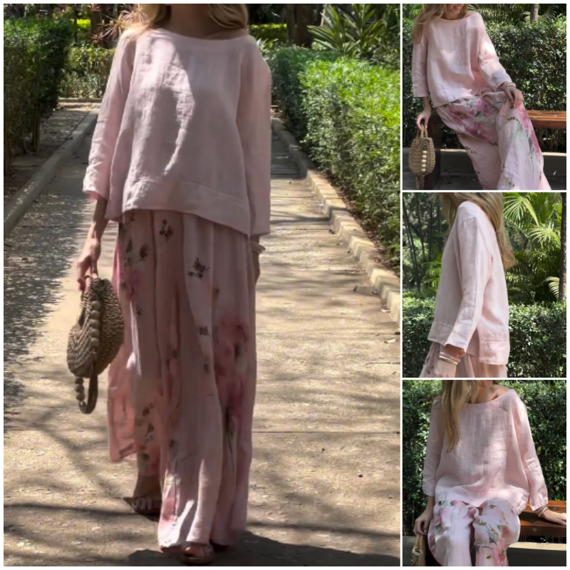 🌸 Solid Tops & Floral Wide-Leg Pants (2-Piece Set)