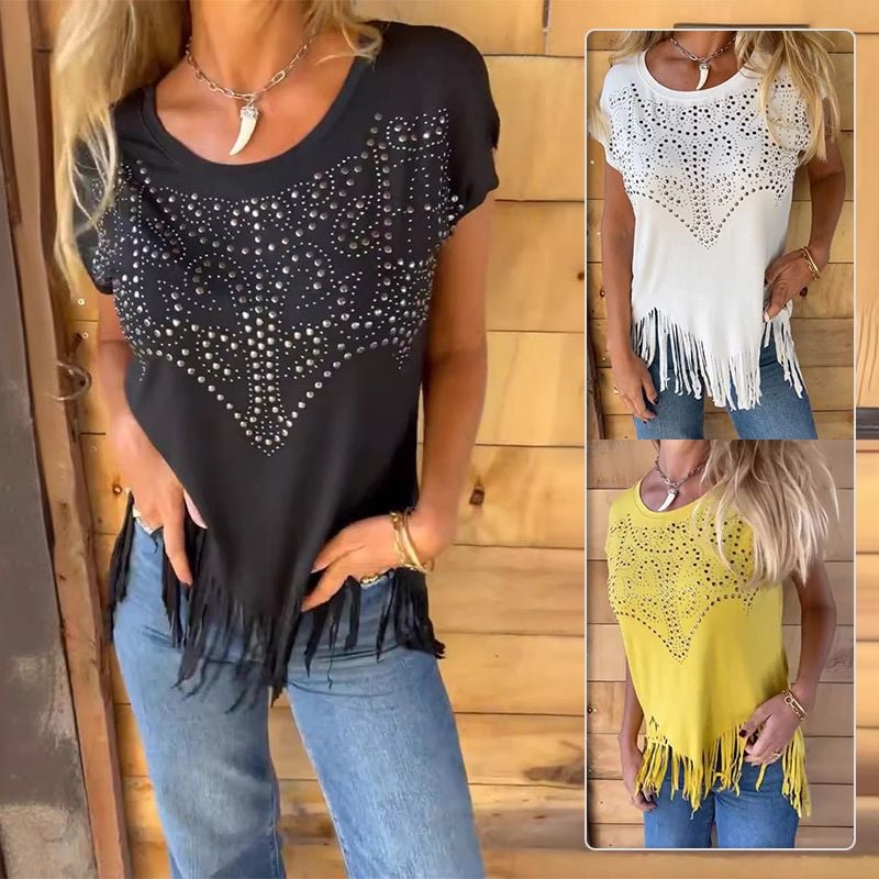 🔥Women's Solid Colour Short Sleeve T-shirt With Hot Print And Frayed Hem