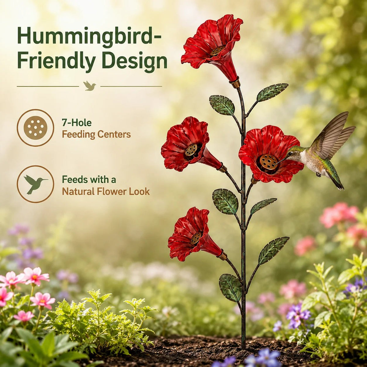 🎉✨ Vintage Red Flower Hummingbird Feeder Garden Stake