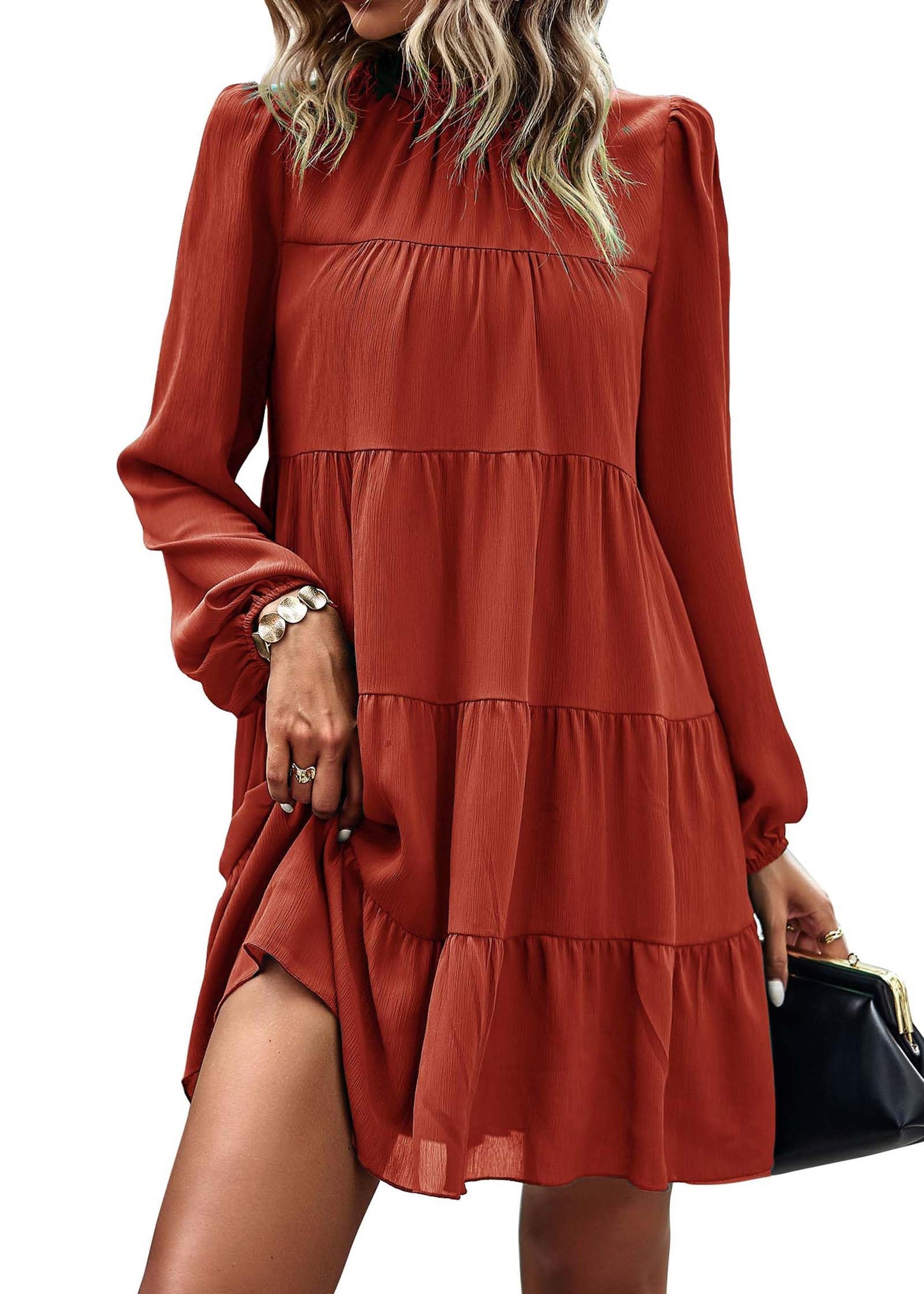 Womens Casual Long Sleeve Mock Neck Ruffle Tiered Babydoll Dress