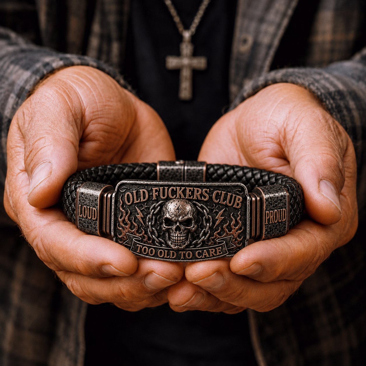 🔥💀Old Fuckers Club Men's Vintage Skull Flame Biker Braided Bracelet Gift Set