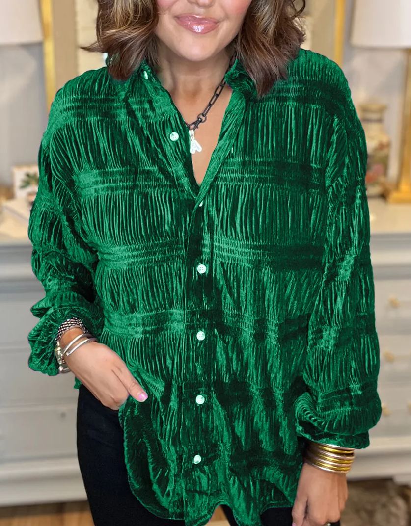 New  Women's Shirred Velvet Button Down Top