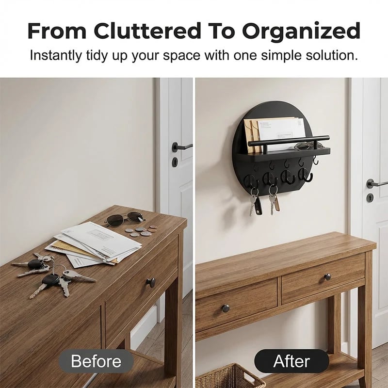 🎉🏠 🔑 Wall Mount Key Holder with Shelf & Hooks – Space-saving, sturdy & easy install – Organize keys & mail at your entryway ✨