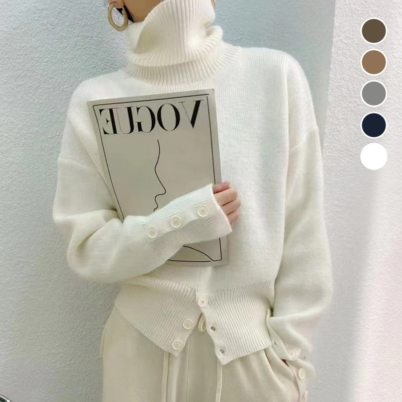 Women's Solid Color Turtleneck Sweater with Buttons