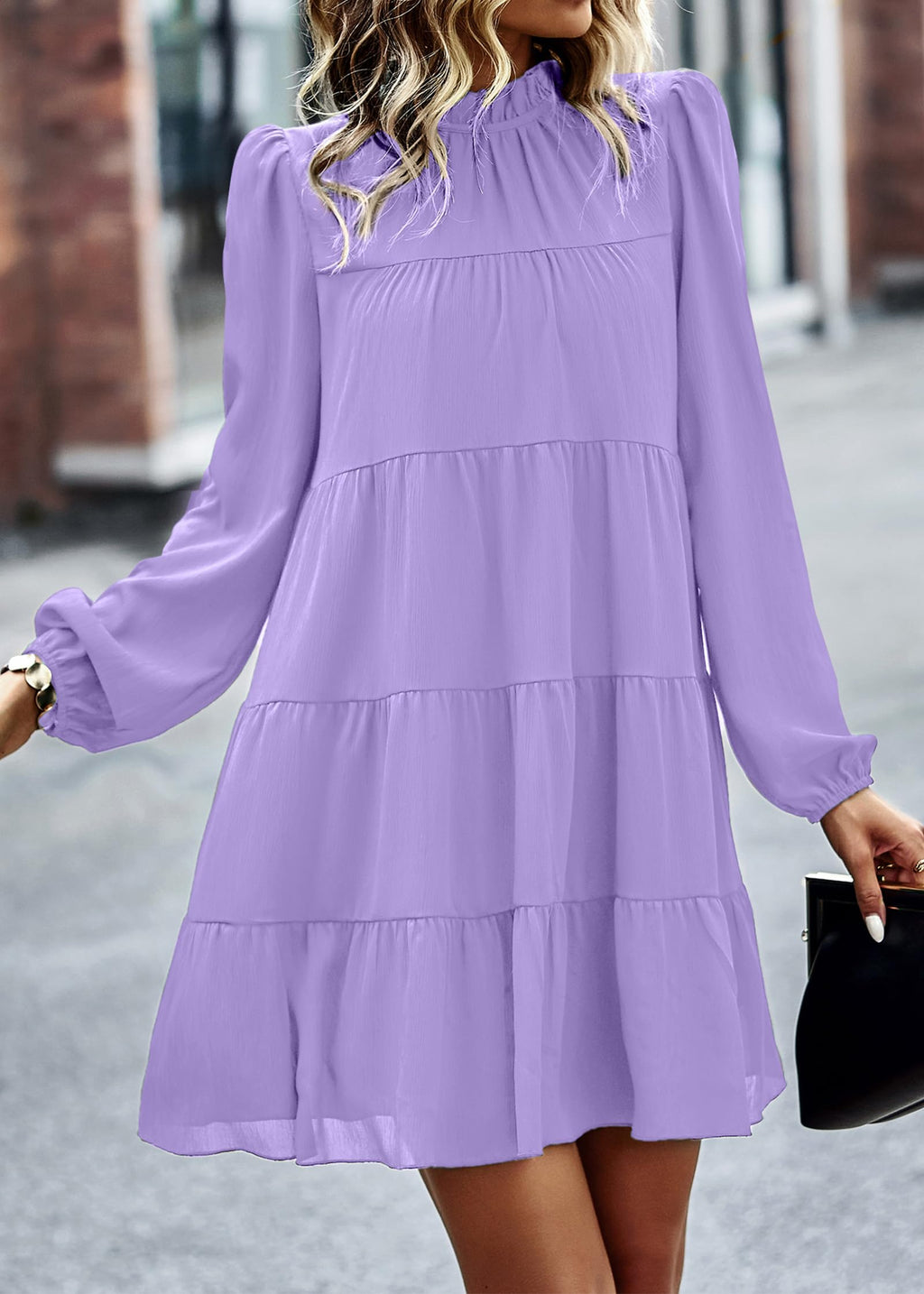 Womens Casual Long Sleeve Mock Neck Ruffle Tiered Babydoll Dress