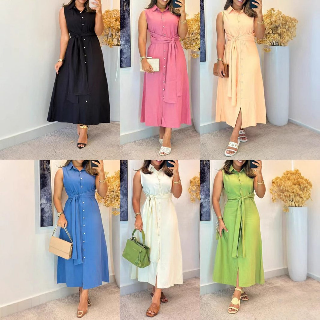 Unique Shirt Style Single-breasted Tie Midi Dress