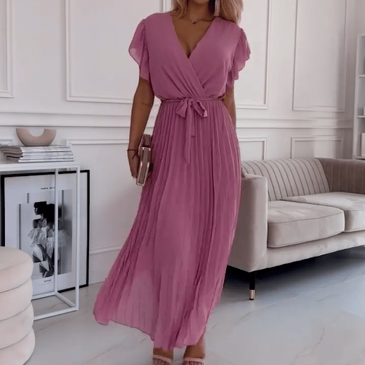 🌸 Women's Solid V-Neck Pleated Flowy Dress