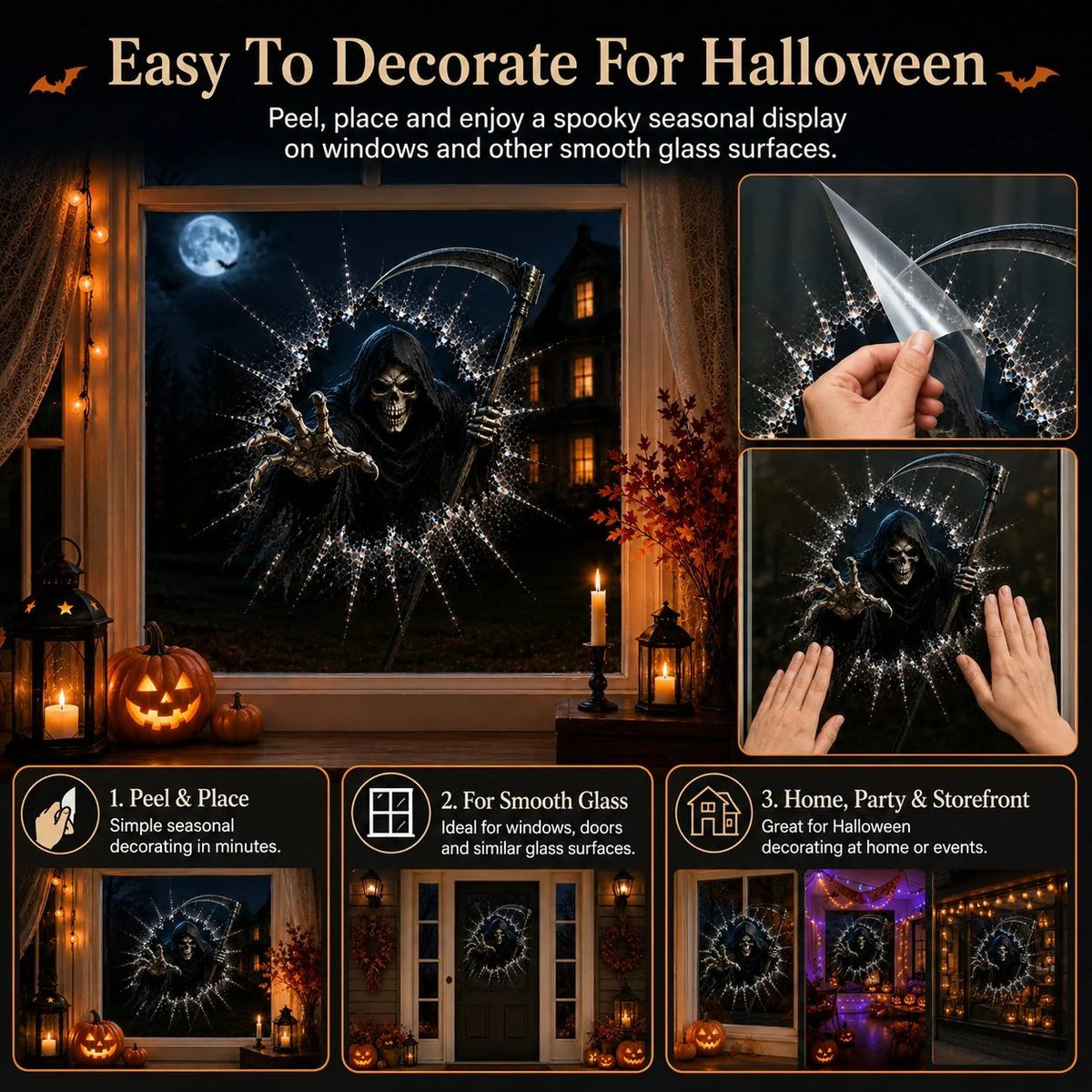 🎉🎃 2026 Halloween Window Decals – 3D Crack Glass Spooky Decorations for a Haunted Halloween Scene