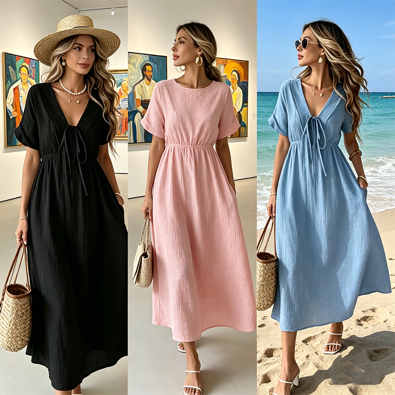 📢📢⏰Women's Summer V-Neck Tie-Front Midi Dress