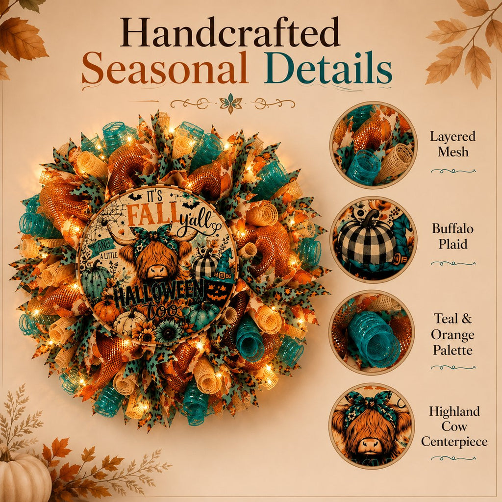 🎉💐Highland Buffalo Autumn Halloween Light Wreath