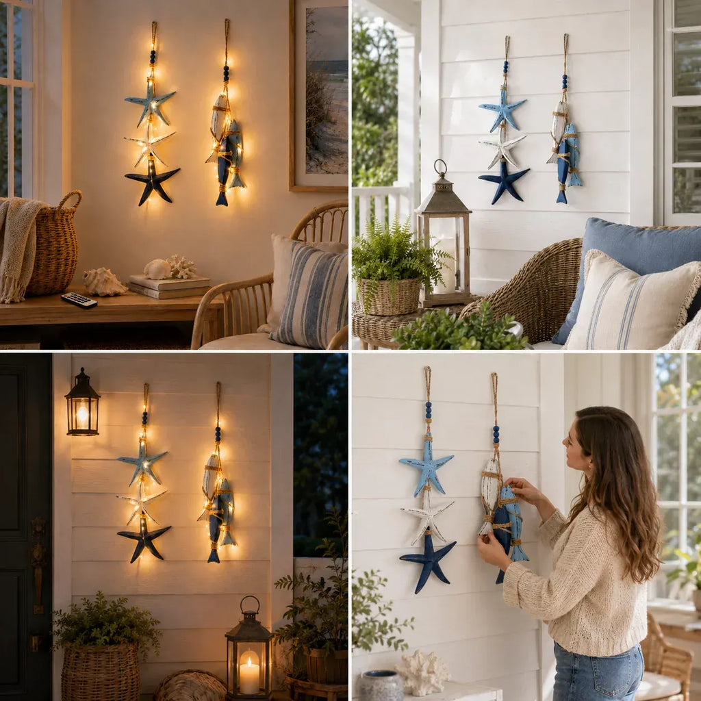 ⭐🐟🌊Lighted Coastal Wooden Starfish & Fish Hanging Decor