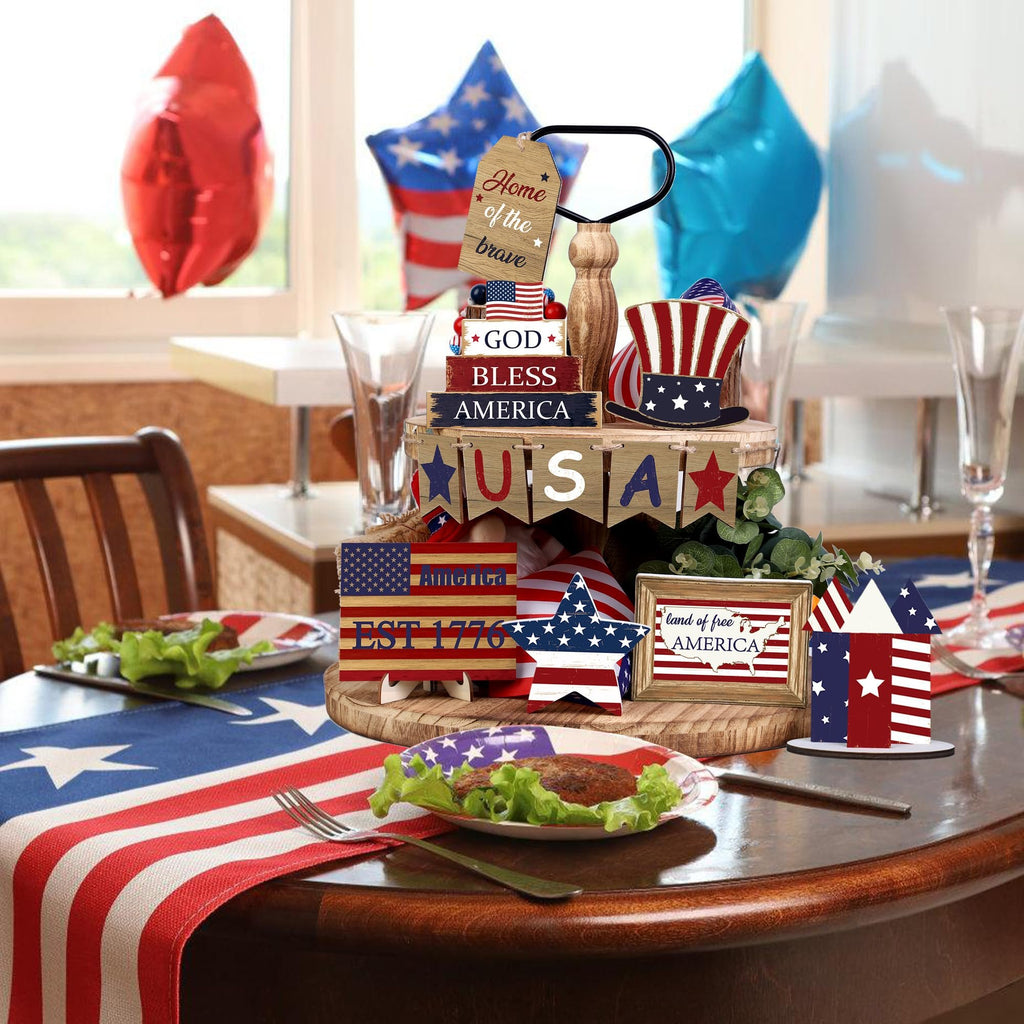 12 pieces of patriotic farmhouse layered tray decoration set July 4th, God bless America