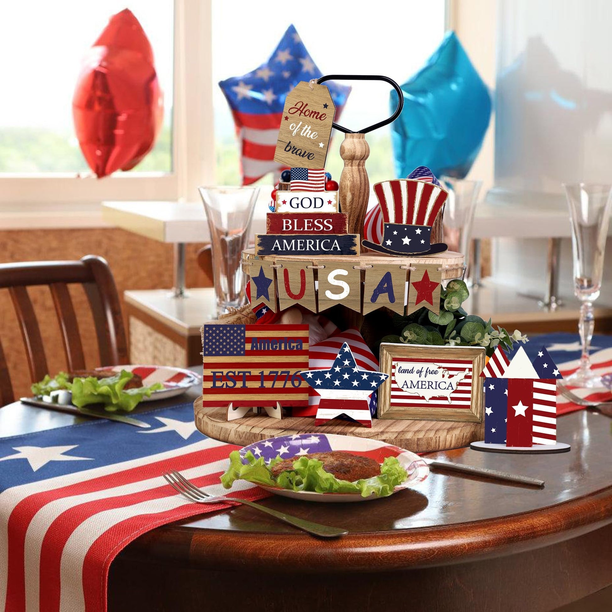 12 pieces of patriotic farmhouse layered tray decoration set July 4th, God bless America
