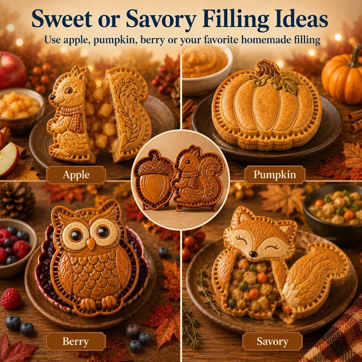 🔥HOT SALE🔥🔥😍 8-Design Fall Mini Pie Mold Collection | Reusable Embossed Molds for Shaping Detailed Owl, Fox, Turkey, Pumpkin, Acorn & More